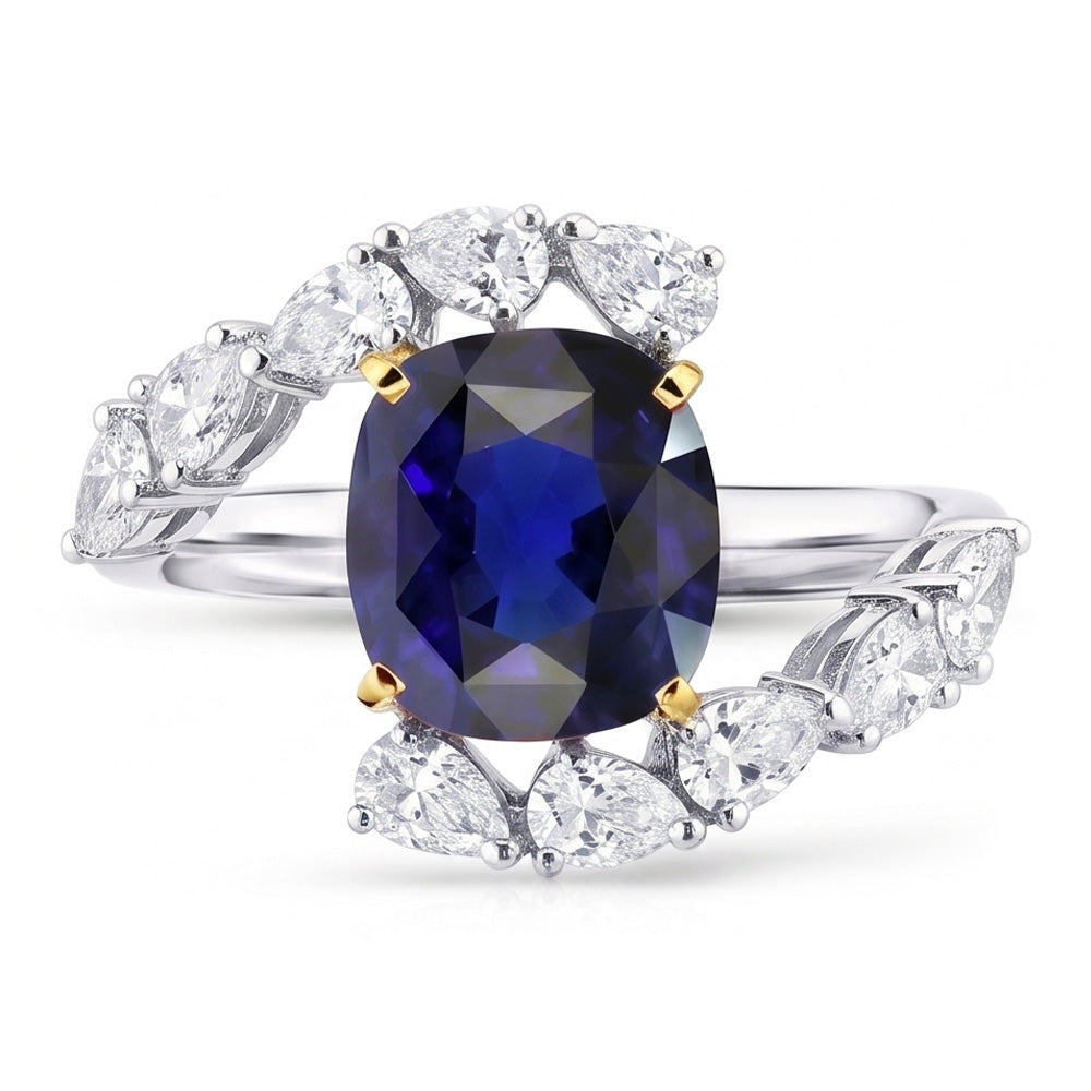 Tension Like Pear Natural Earth Mined Diamond Cushion Deep Blue Sapphire Ring