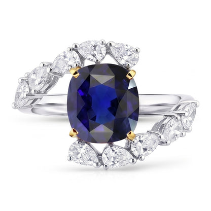 Tension Like Pear Natural Earth Mined Diamond Cushion Deep Blue Sapphire Ring
