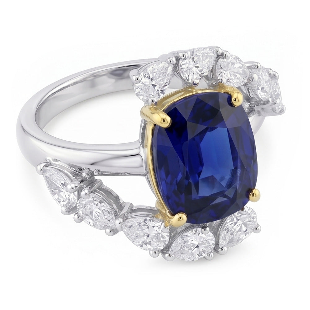 Tension Like Pear Natural Earth Mined Diamond Cushion Deep Blue Sapphire Ring