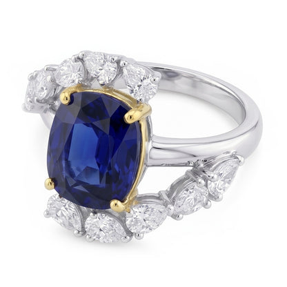 Tension Like Pear Natural Earth Mined Diamond Cushion Deep Blue Sapphire Ring