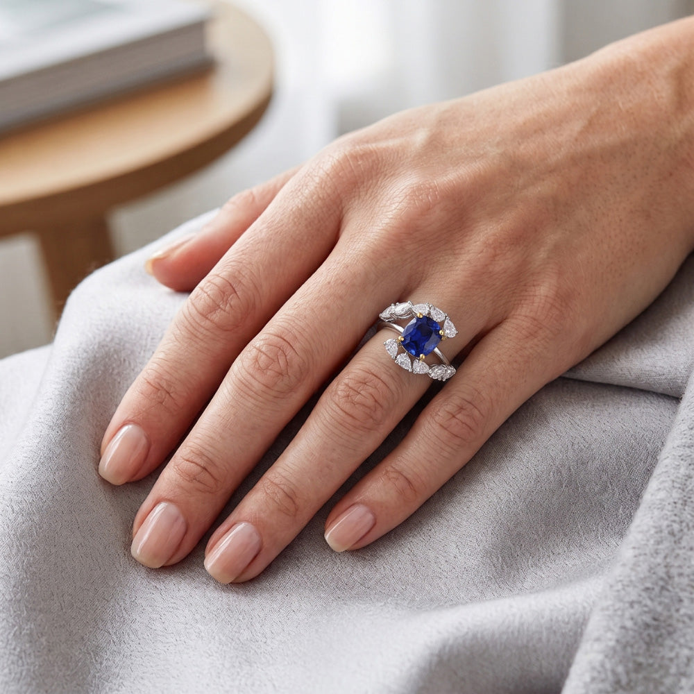 Tension Like Pear Natural Earth Mined Diamond Cushion Deep Blue Sapphire Ring