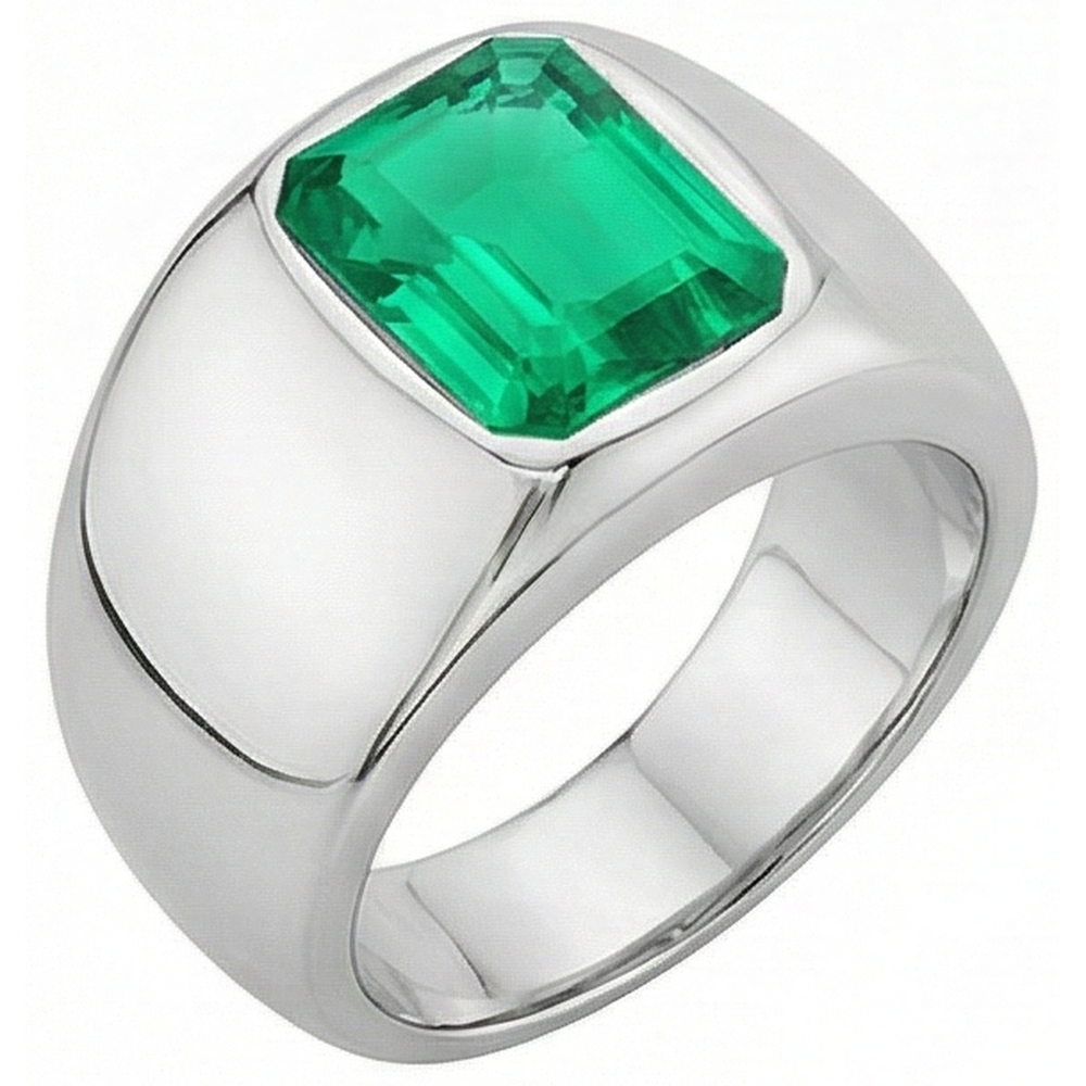 Natural Real ( Not Lab Grown ) Thick Men’s Ring Green Emerald GIA Bezel Set White Gold