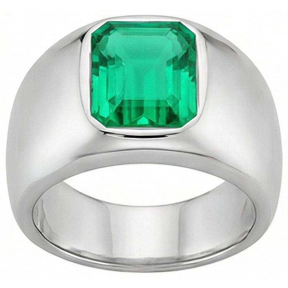 Natural Real ( Not Lab Grown ) Thick Men’s Ring Green Emerald GIA Bezel Set White Gold