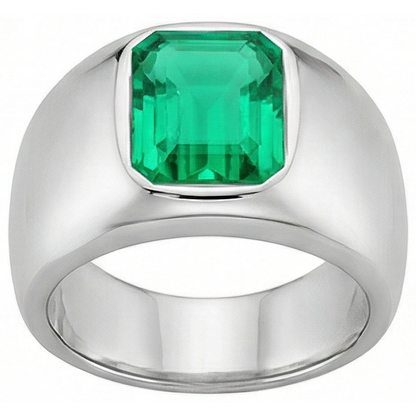 Natural Real ( Not Lab Grown ) Thick Men’s Ring Green Emerald GIA Bezel Set White Gold