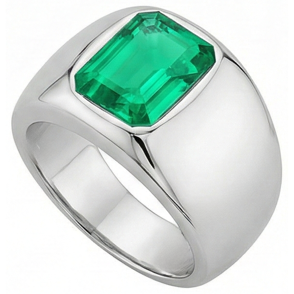 Natural Real ( Not Lab Grown ) Thick Men’s Ring Green Emerald GIA Bezel Set White Gold