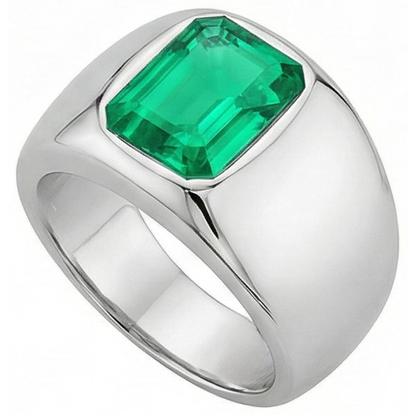 Natural Real ( Not Lab Grown ) Thick Men’s Ring Green Emerald GIA Bezel Set White Gold