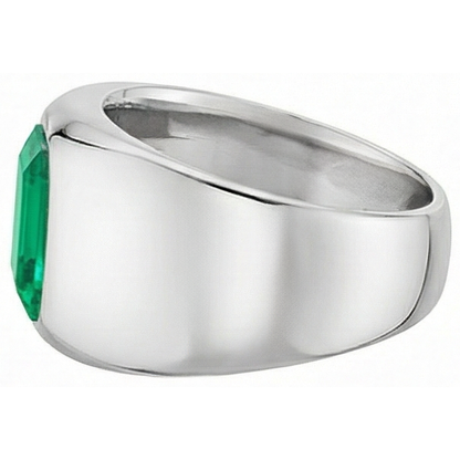 Natural Real ( Not Lab Grown ) Thick Men’s Ring Green Emerald GIA Bezel Set White Gold