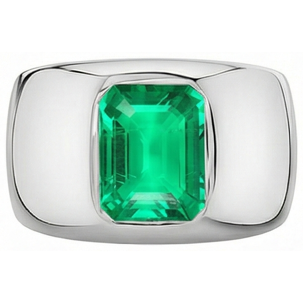 Natural Real ( Not Lab Grown ) Thick Men’s Ring Green Emerald GIA Bezel Set White Gold