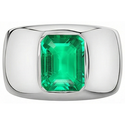 Natural Real ( Not Lab Grown ) Thick Men’s Ring Green Emerald GIA Bezel Set White Gold