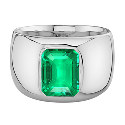 Thick Men’s Ring Green Emerald Bezel Set White Gold