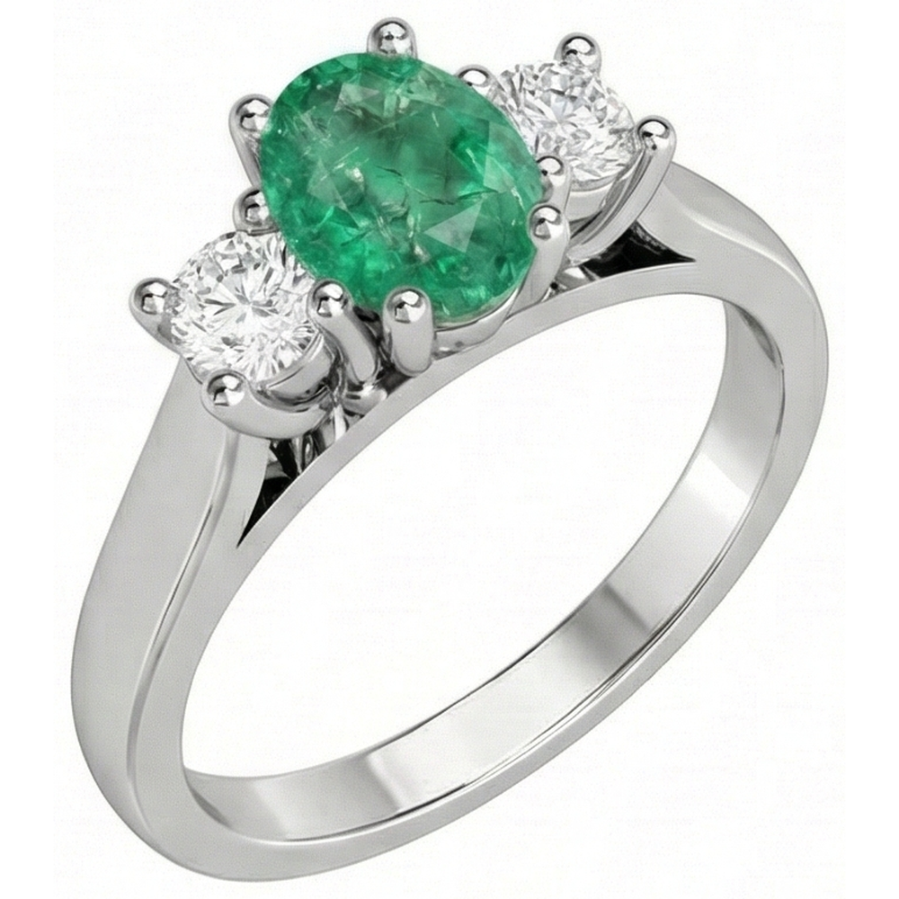 Three Stone 3.30 Carats Green Emerald GIA And Natural Earth Mined Diamonds Wedding Ring 14K Gold