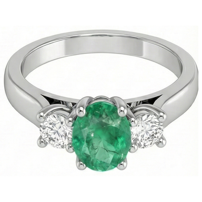 Three Stone 3.30 Carats Green Emerald GIA And Natural Earth Mined Diamonds Wedding Ring 14K Gold