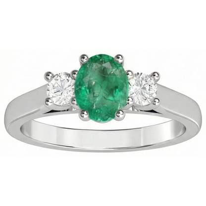 Three Stone 3.30 Carats Green Emerald GIA And Natural Earth Mined Diamonds Wedding Ring 14K Gold