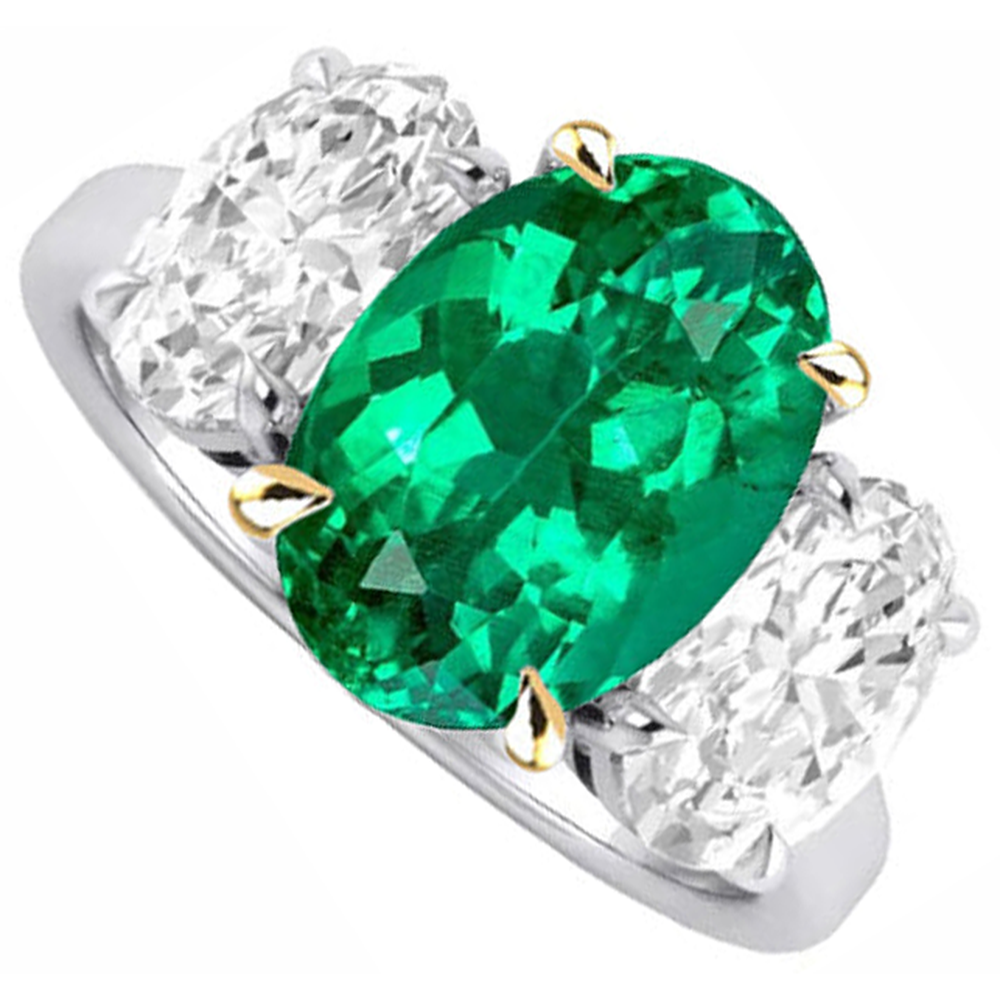Natural Real ( Not Lab Grown ) Three Stone Anniversary Ring Green Emerald GIA And Diamond Jewelry
