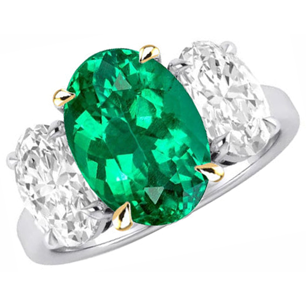 Natural Real ( Not Lab Grown ) Three Stone Anniversary Ring Green Emerald GIA And Diamond Jewelry