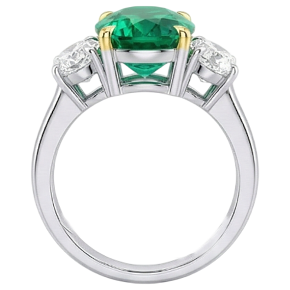 Natural Real ( Not Lab Grown ) Three Stone Anniversary Ring Green Emerald GIA And Diamond Jewelry