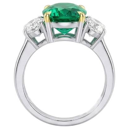 Natural Real ( Not Lab Grown ) Three Stone Anniversary Ring Green Emerald GIA And Diamond Jewelry