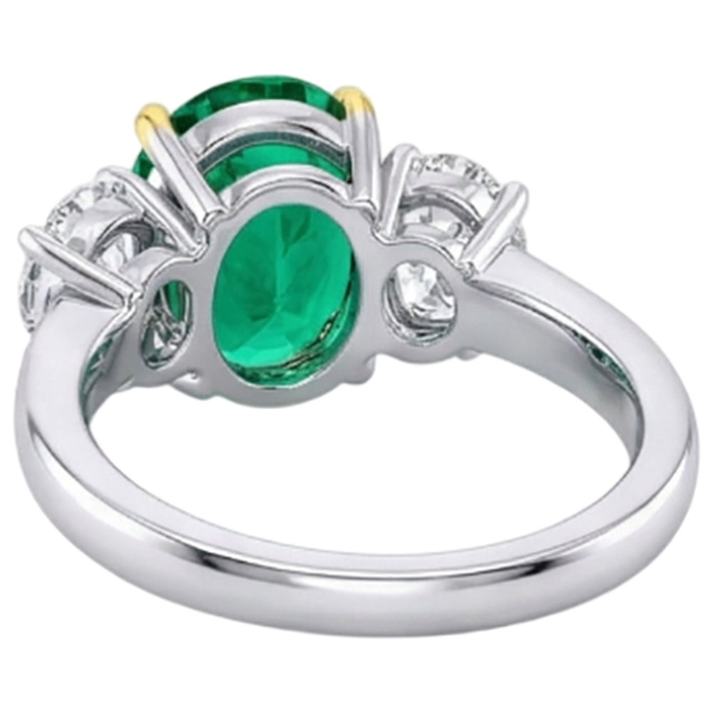 Natural Real ( Not Lab Grown ) Three Stone Anniversary Ring Green Emerald GIA And Diamond Jewelry