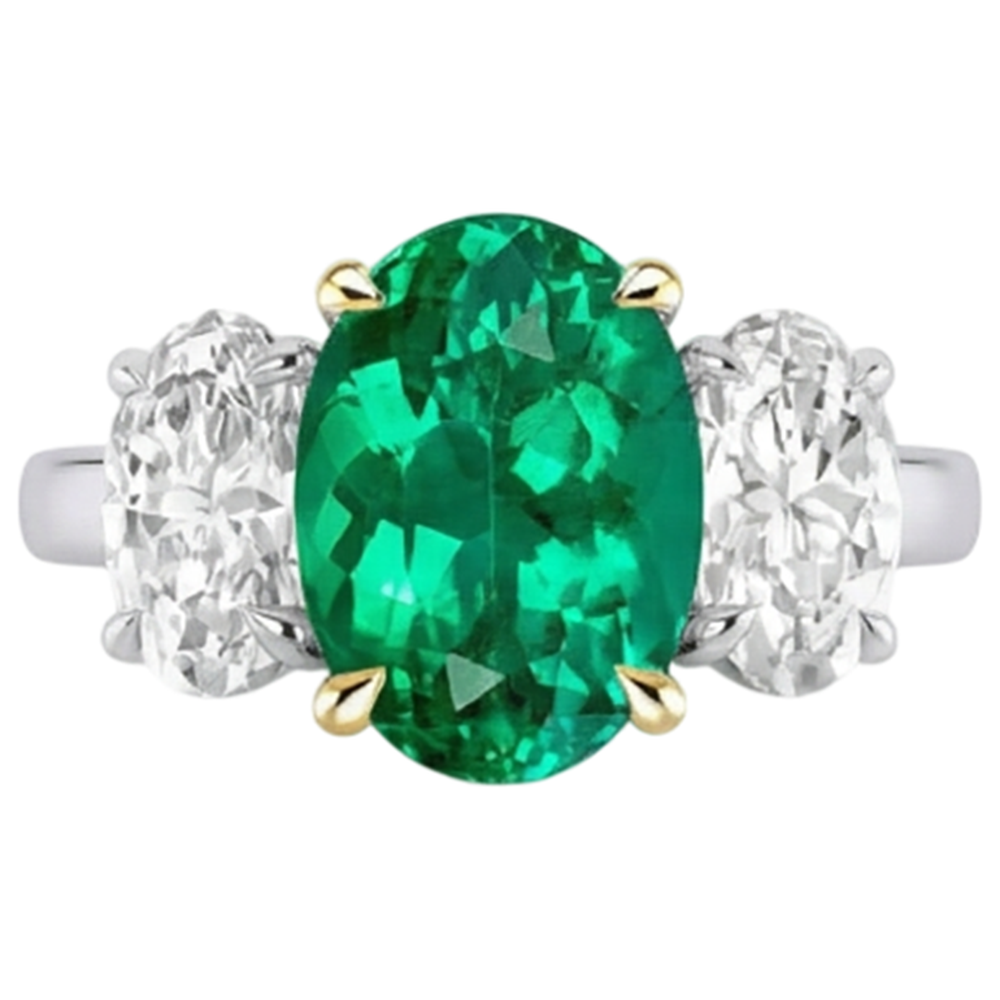 Natural Real ( Not Lab Grown ) Three Stone Anniversary Ring Green Emerald GIA And Diamond Jewelry