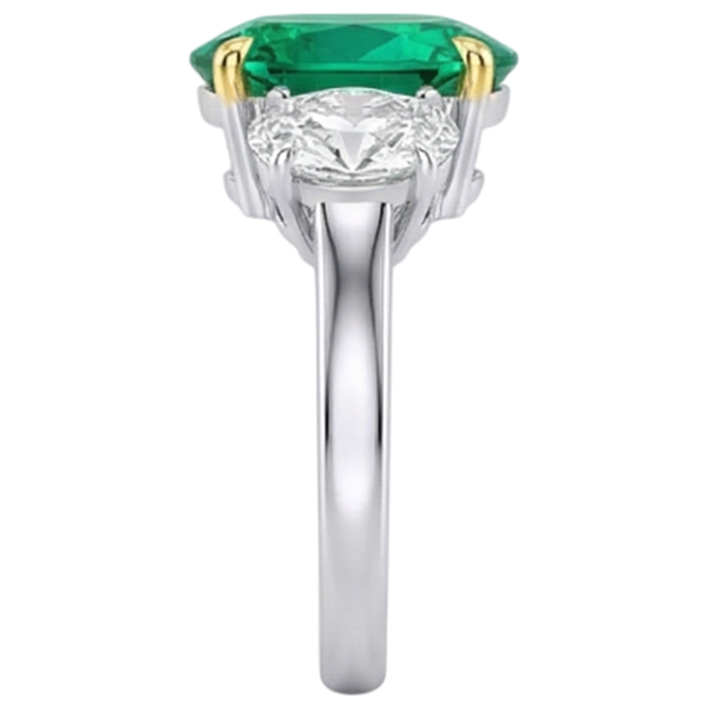 Natural Real ( Not Lab Grown ) Three Stone Anniversary Ring Green Emerald GIA And Diamond Jewelry