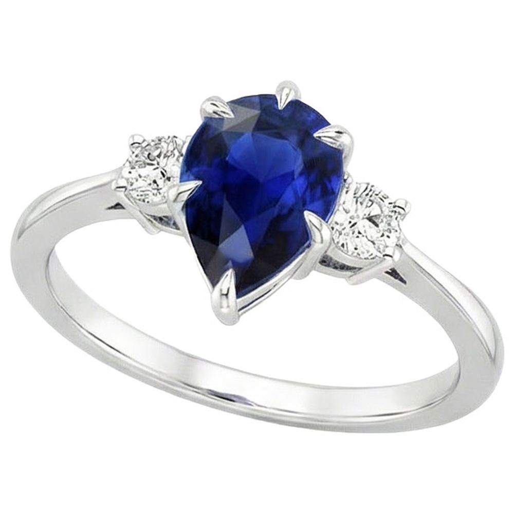 Three Stone Anniversary Ring Pear Blue Sapphire & Natural Earth Mined Diamonds 3 Carats