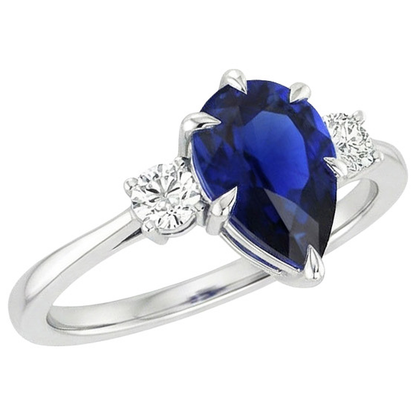 Three Stone Anniversary Ring Pear Blue Sapphire & Natural Earth Mined Diamonds 3 Carats