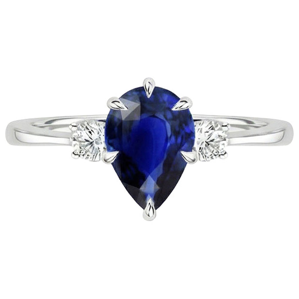 Three Stone Anniversary Ring Pear Blue Sapphire & Natural Earth Mined Diamonds 3 Carats