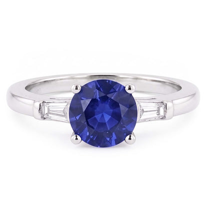Three Stone Baguette Natural Earth Mined Diamond & Round Blue Sapphire Ring 2.25 Carats