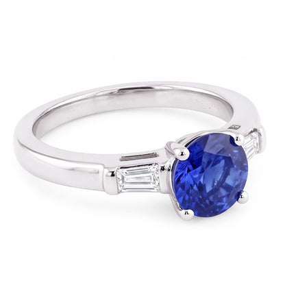 Three Stone Baguette Natural Earth Mined Diamond & Round Blue Sapphire Ring 2.25 Carats