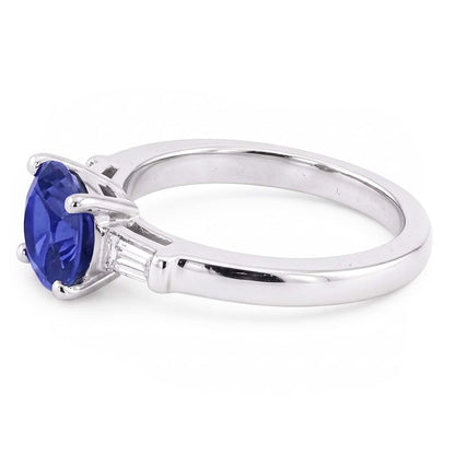 Three Stone Baguette Natural Earth Mined Diamond & Round Blue Sapphire Ring 2.25 Carats
