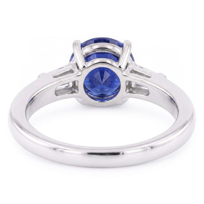 Three Stone Baguette Natural Earth Mined Diamond & Round Blue Sapphire Ring 2.25 Carats