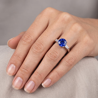 Three Stone Baguette Natural Earth Mined Diamond & Round Blue Sapphire Ring 2.25 Carats