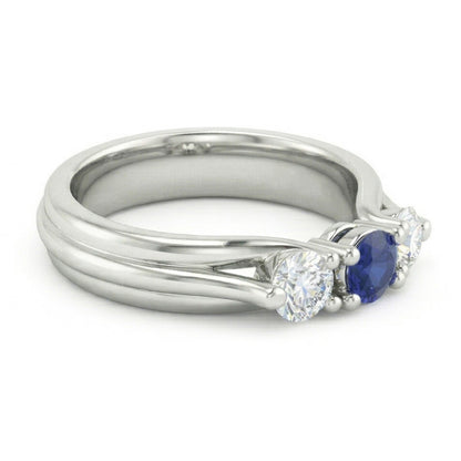 Three Stone Blue Sapphire And Natural Earth Mined Diamond Ring 1 Carat White Gold 14K
