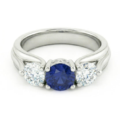 Three Stone Blue Sapphire And Natural Earth Mined Diamond Ring 1 Carat White Gold 14K