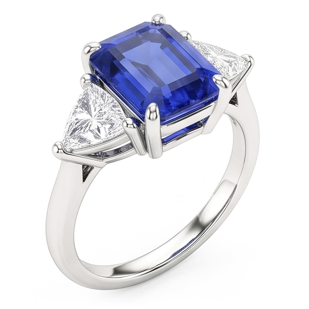 Three Stone Blue Sapphire Emerald & Trillion Natural Earth Mined Diamond Ring 2.50 Carats