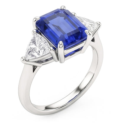 Three Stone Blue Sapphire Emerald & Trillion Natural Earth Mined Diamond Ring 2.50 Carats