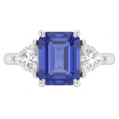 Three Stone Blue Sapphire Emerald & Trillion Natural Earth Mined Diamond Ring 2.50 Carats