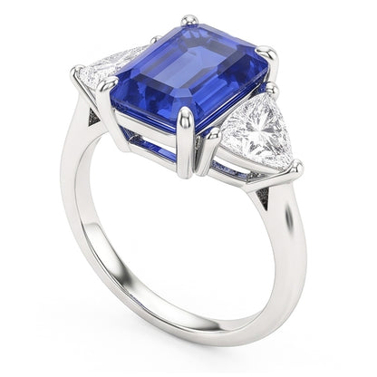 Three Stone Blue Sapphire Emerald & Trillion Natural Earth Mined Diamond Ring 2.50 Carats