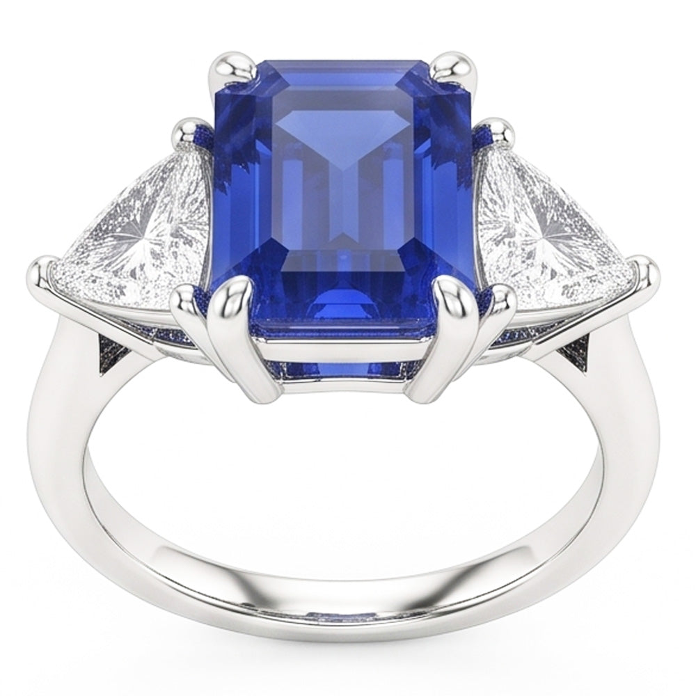 Three Stone Blue Sapphire Emerald & Trillion Natural Earth Mined Diamond Ring 2.50 Carats