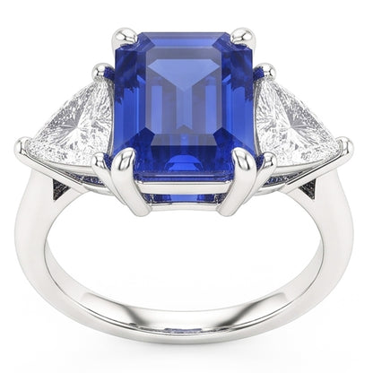 Three Stone Blue Sapphire Emerald & Trillion Natural Earth Mined Diamond Ring 2.50 Carats