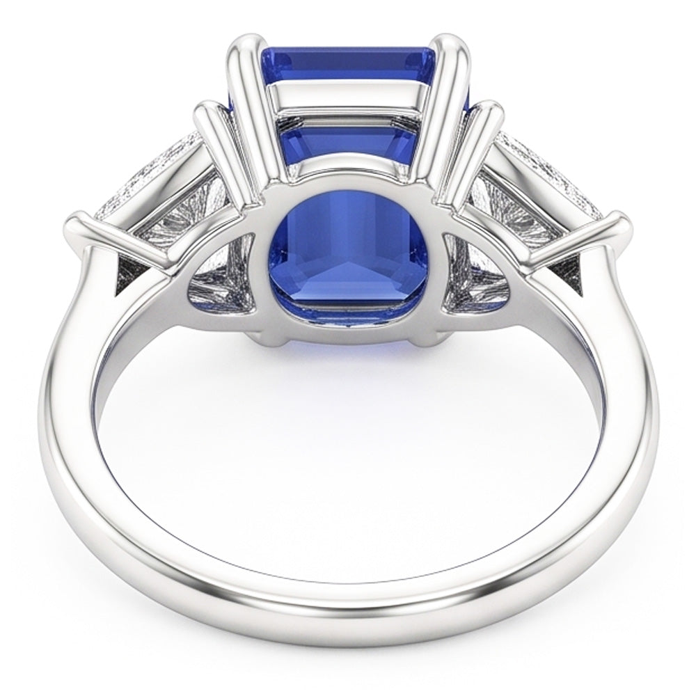 Three Stone Blue Sapphire Emerald & Trillion Natural Earth Mined Diamond Ring 2.50 Carats