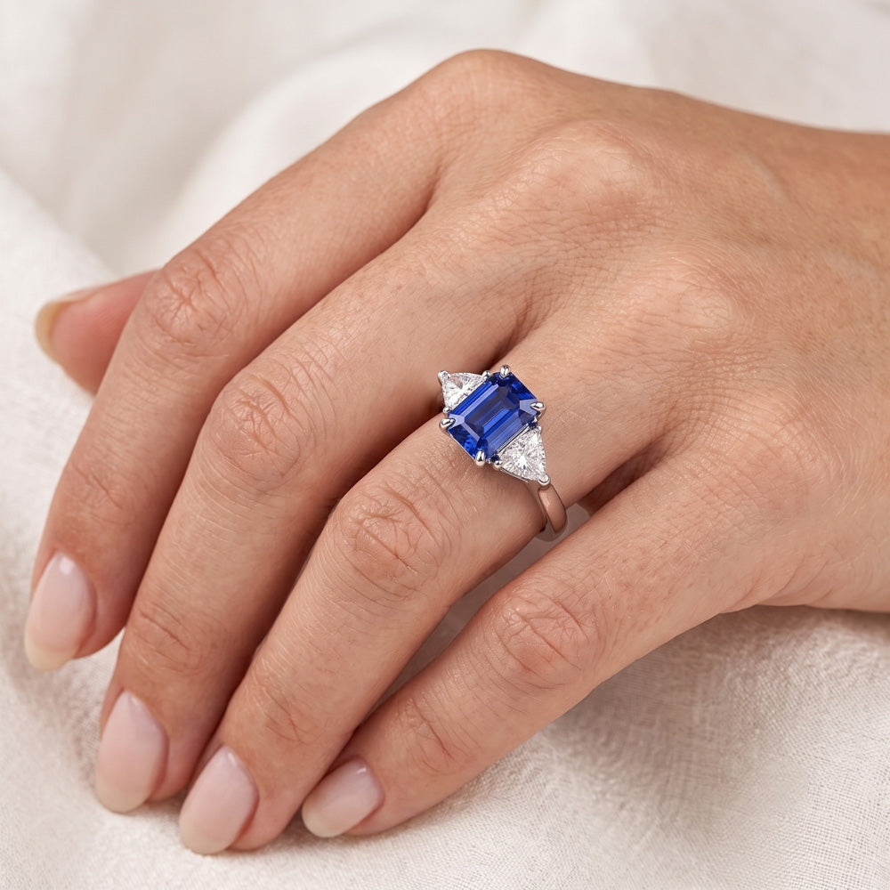 Three Stone Blue Sapphire Emerald & Trillion Natural Earth Mined Diamond Ring 2.50 Carats