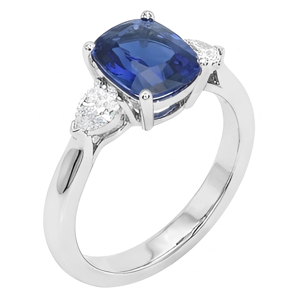 Three Stone Blue Sapphire With Pear Natural Earth Mined Diamonds Ring 4.50 Carats Gold 14K