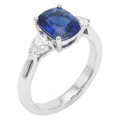 Three Stone Blue Sapphire With Pear Natural Earth Mined Diamonds Ring 4.50 Carats Gold 14K