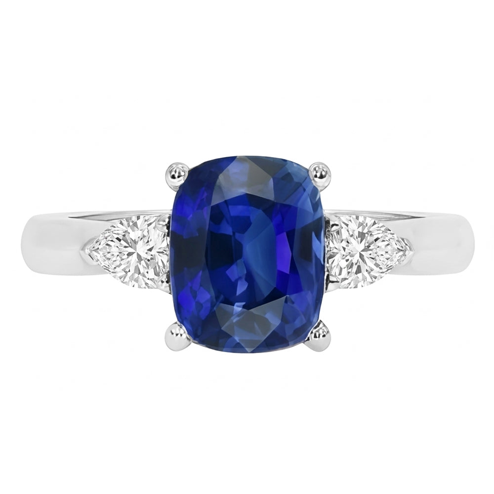 Three Stone Blue Sapphire With Pear Natural Earth Mined Diamonds Ring 4.50 Carats Gold 14K