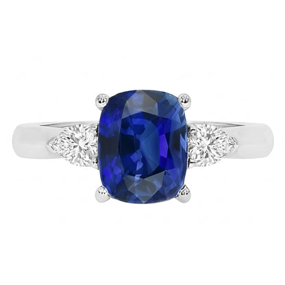 Three Stone Blue Sapphire With Pear Natural Earth Mined Diamonds Ring 4.50 Carats Gold 14K