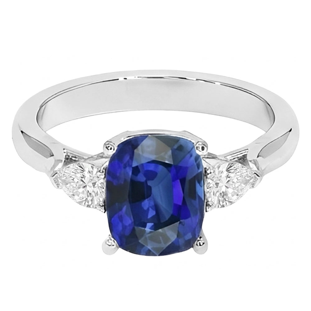 Three Stone Blue Sapphire With Pear Natural Earth Mined Diamonds Ring 4.50 Carats Gold 14K