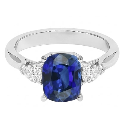Three Stone Blue Sapphire With Pear Natural Earth Mined Diamonds Ring 4.50 Carats Gold 14K