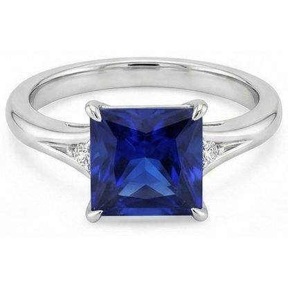 Three Stone Blue Sapphire and Natural Earth Mined Diamond 5.25 Carat Princess
