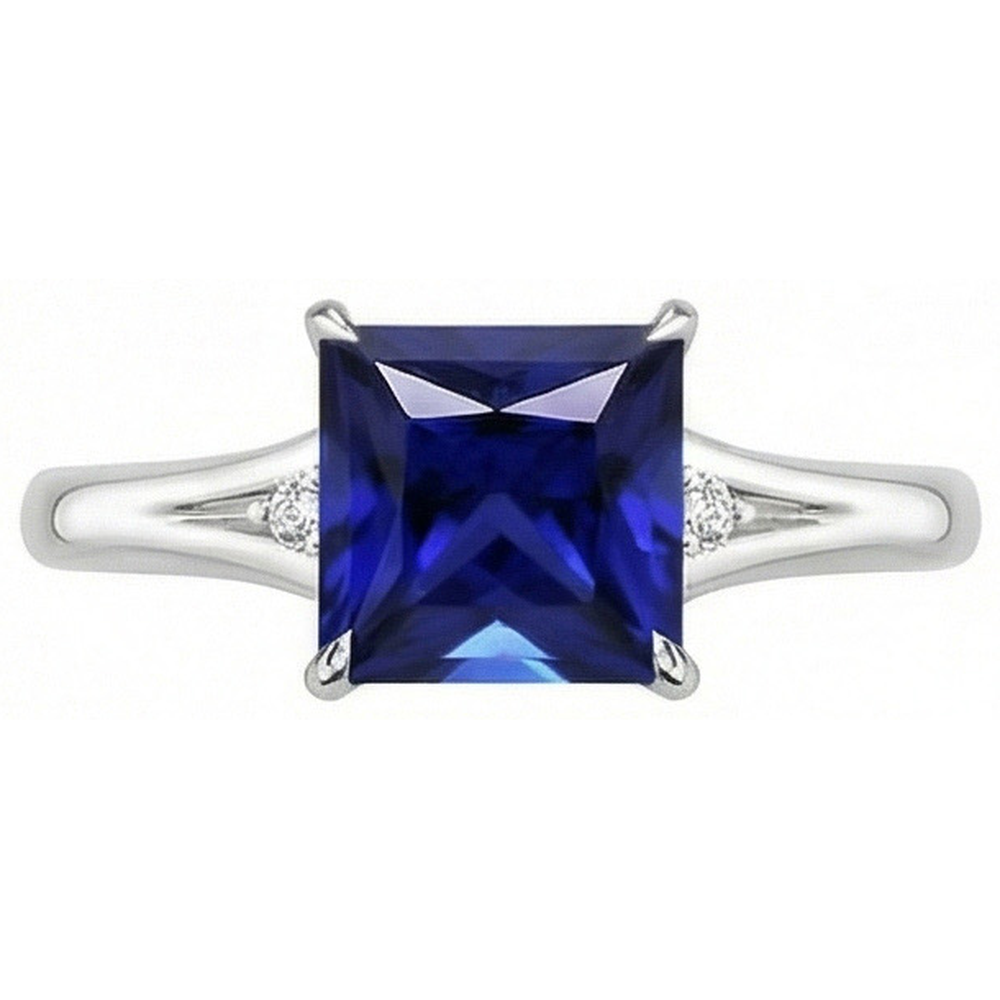 Three Stone Blue Sapphire and Natural Earth Mined Diamond 5.25 Carat Princess